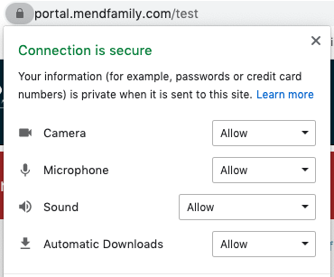 Security details window showing all items set to Allow