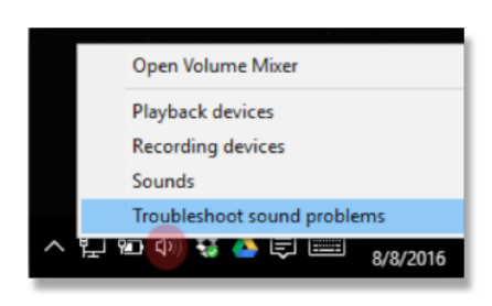 Windows sound icon with Troubleshoot sound problems selected